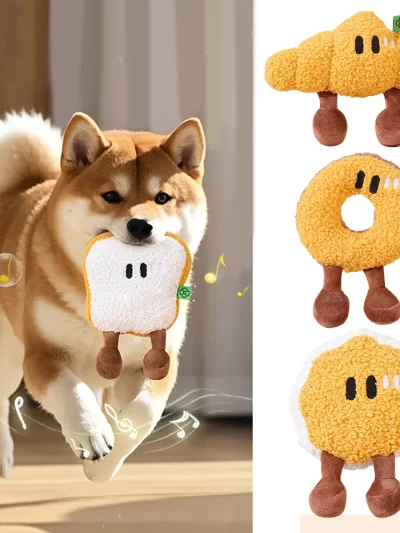 New Plush Squeaky Dog & Cat Toys, Cute Breakfast Theme  Soft Chew Toys for Puppy Kitten  4Pcs Interactive Pet Toys