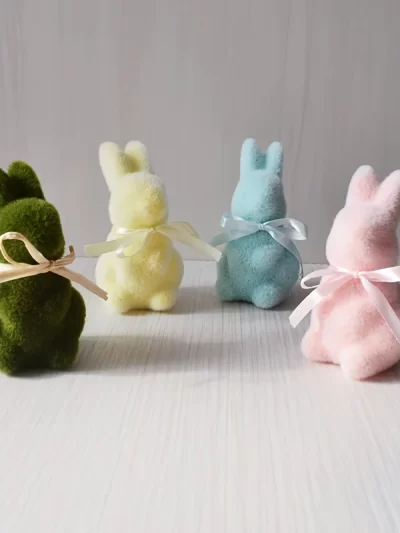 4pcs Easter Bunny Decorative Figurines, Flocked Foam Rabbit Ornaments with Bow, for Home and Party Decor, Rabbit Accessories