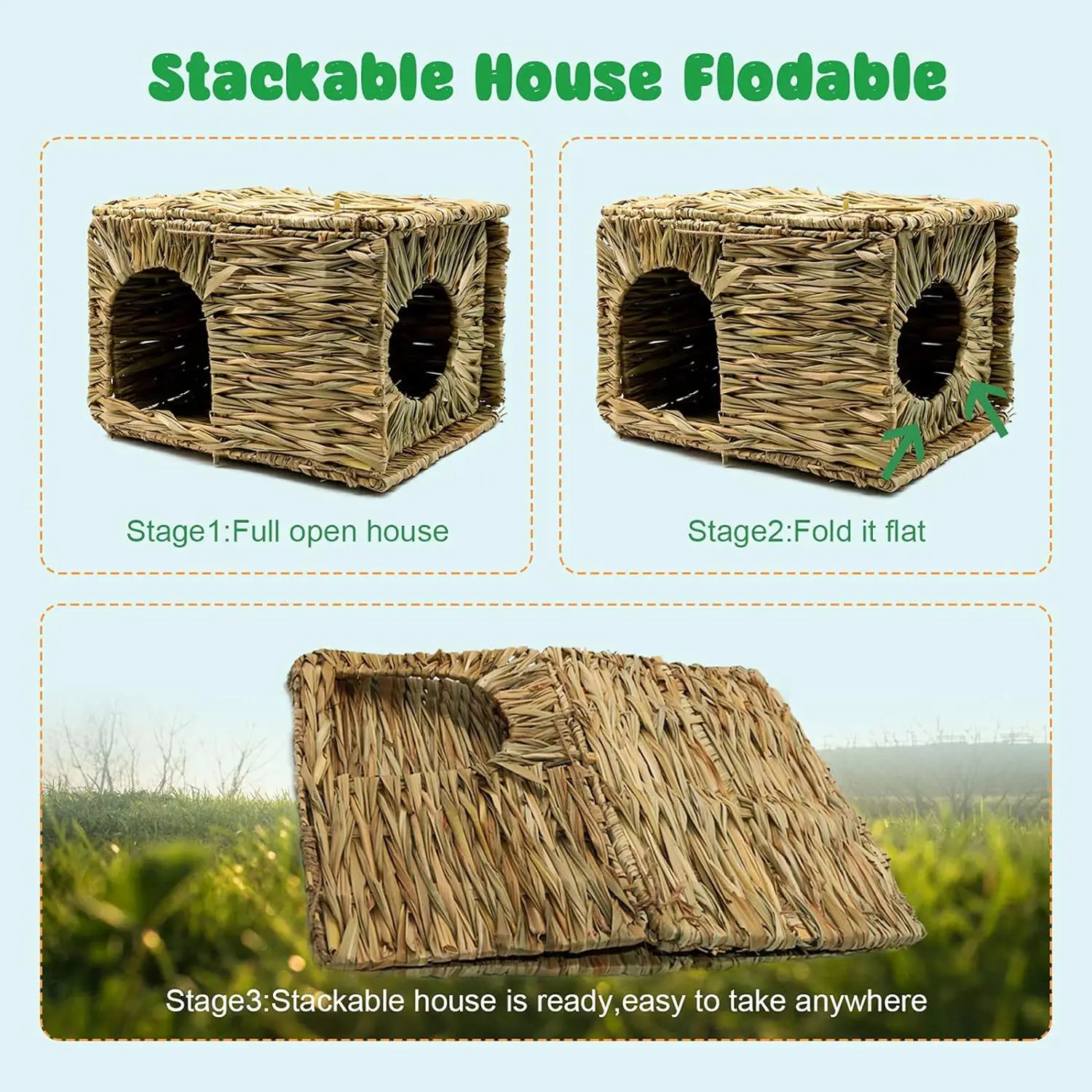 Extra Large Grass House for Rabbit Small Animal Hut Play Hideaway Bed Hay Mat Chew Toy for Bunny Guinea Pig Hamster Chinchilla