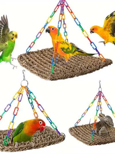 Woven Bird Hammock Woven Grass Bird Hammock Toy Adjustable Chain Ring Comfortable Rocking Toy Bird Accessories For Parrot & Bird