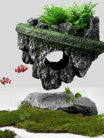 Suspended Island Fish Tank Decorative Creative Floating Stone Simulation Plants Caverns Crafts Ornaments Aquarium Accessories