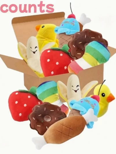 A 7-piece set of puppy sound toys, loose plush pet chewing, plush fruit snacks and vegetable puppy toys, suitable for cute playm