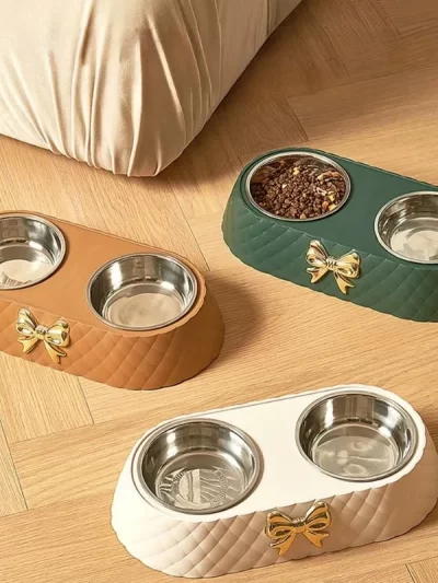 1PC Pet Pet Dog and Cat Food Bowls Bowtie Dog Food Drinking Double Bowl Pet Supplies