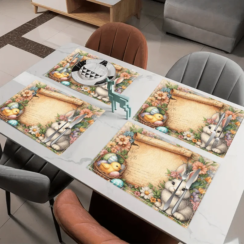 2pc Easter Bunny Linen Placemats Vibrant Floral Festive Rectangular Table Mats for Dining Kitchen Party Decor Rabbit Accessories - Image 3