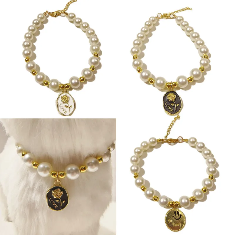 Pet Collar Adjustable Pearl Cat Collars Cute Rose Flower Kitten Puppy Necklace Pet Product Cat Dog Accessories