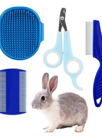 4Pcs Rabbit Grooming Kit with Tear Stain Remover Combs Pet Nail Clipper Double-Sided Shampoo Bath Brush Hamster Rabbit Supplies