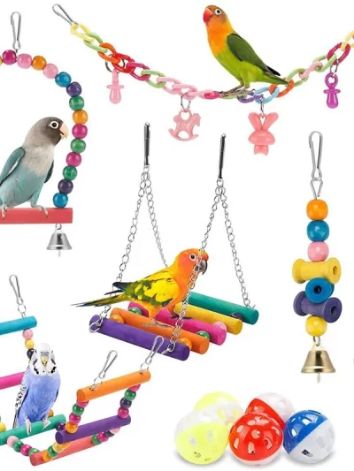 Bird Cage Toys for Parrots Wood Birds Swing Reliable Chewable Bite Bridge Wooden Beads Shape Parrot Toy 11pcs Bird Toys