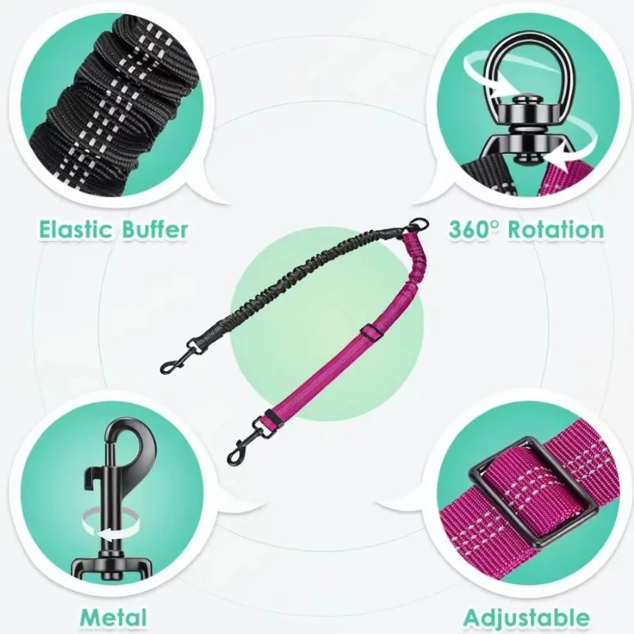 16ft Long Dual Dog Leash Attachment - Double Leashes for Training Small to Large Dogs - Adjustable Strap, Shock Absorbing Bungee - Image 5