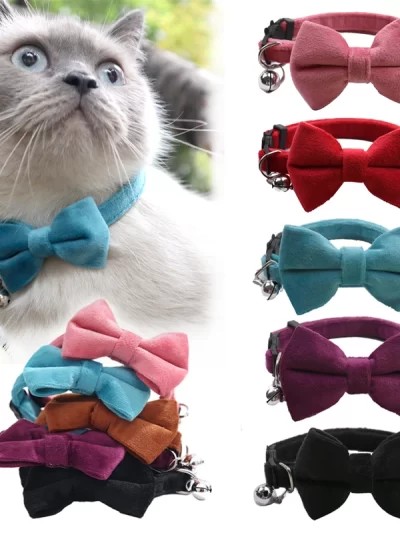 Velvet Cat Collar Solid Color Bowknot Puppy Chihuahua Collars with Bell Adjustable Safety Buckle Cats Bow Tie Pets Accessories