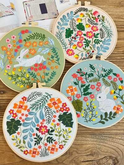 Rabbit Flower Embroidery Kit with Instructions Needles Thread Cross Stitch Kit for Beginner Floral Kit DIY Craft Easter Decor