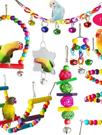 7PCS Bird Toy Wood Parrot Toys Set Cage Bird Accessories Swing Suspension Bridge Ball Cage Bells Pet Supplies