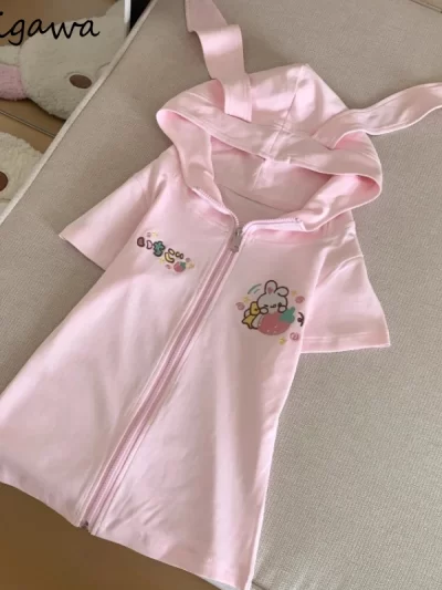 Rabbit Ears Hooded Jackets for Women 2025 Ropa Mujer Preppy Style Summer Y2k Tops Short Sleeve Zipper Cartoon Print Cute Coats