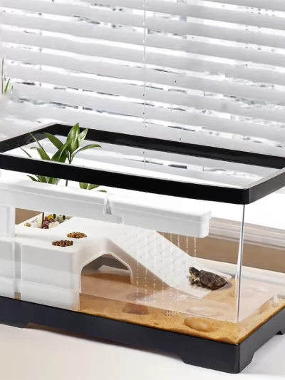 Large Transparent Turtle Tank Aquarium Fish Tank with Bottom Drain Reptiles Amphibians with Basking Platform Open Breeding Box