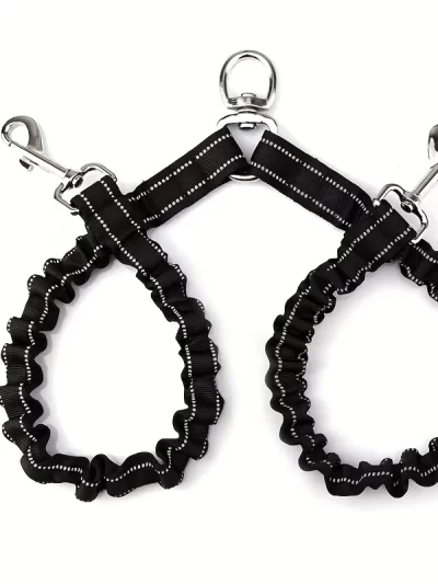 Pet Dog Double Leashes - No Tangle Dog Leash Coupler, Comfortable Shock Absorbing Reflective Bungee Lead for Nighttime Safety