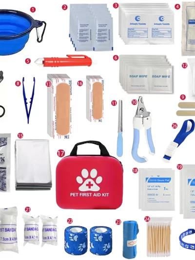 A comprehensive pet first aid kit with scissors, tweezers, tourniquets, sterile gauze and other medical and first aid supplies