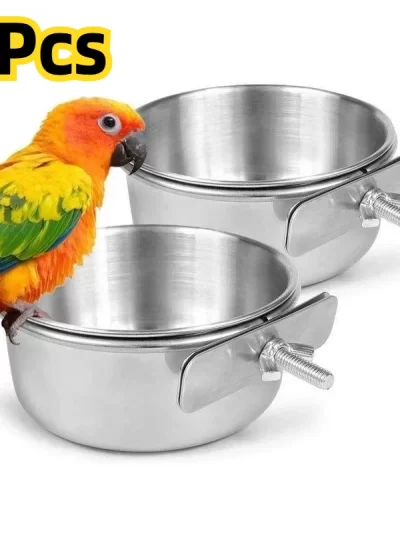 Bird Feeder Parrot Food Water Cup Stainless Steel Bird Food Bowl With Clamp Holder Parakeet Lovebird Feeders   птиц