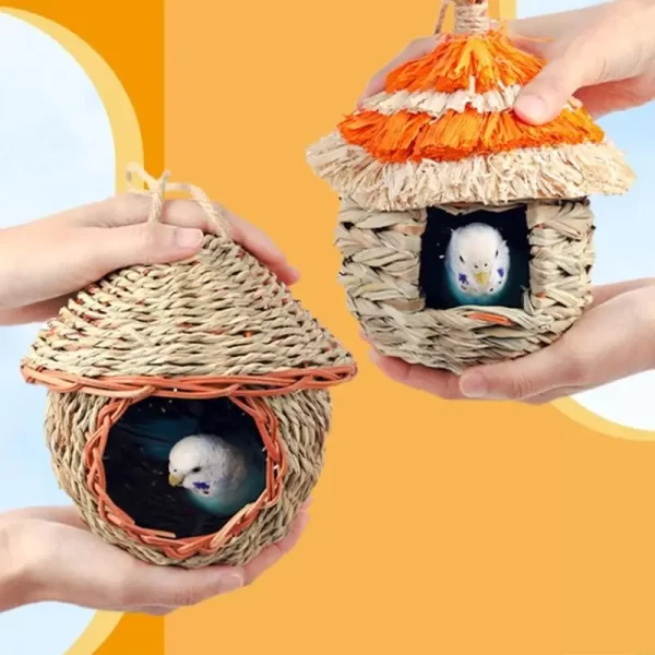 Natural Straw Weaving Bird Cages Parrots House Sleep Houses Cage with Hangings Lanyard for Small Pet Finch Sparrows
