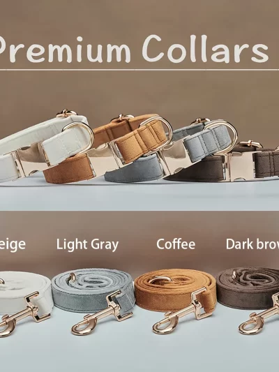 Plush Pet Collar & Leash Set - XS to L Sizes, Beige/Gray/Coffee/Brown, Soft & Comfortable for Dogs/Cats, Durable Alloy Buckle, E