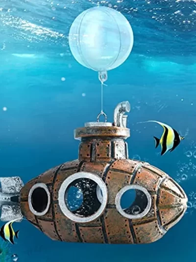 Floating Fish Tank Decoration, Little Cute Retro Submarine Aquarium Decoration with Float Balls Resinous Fish Tank Accessorie