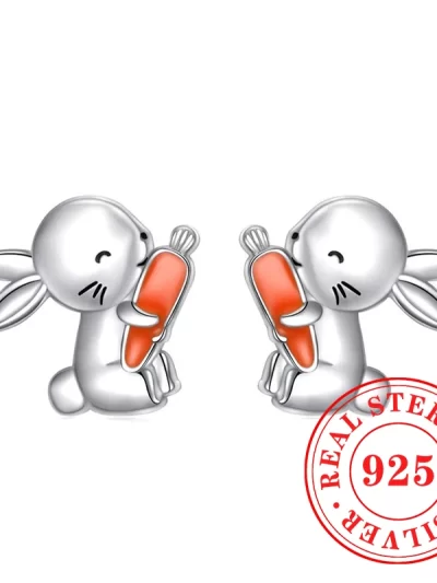 Huitan Cute Rabbit with Radish Stud Earrings for Women 925 Sterling Silver Lovely Girl Piercing Accessories Sweet Party Jewelry