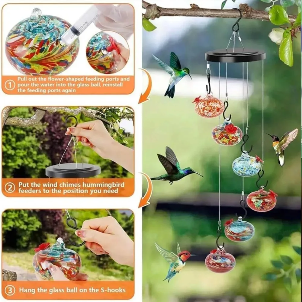 Charming Wind Chimes Hummingbird Feeders Hanging Metal Round Window Bird Feeders Suction Cup Garden Decor Outside Food Container - Image 2