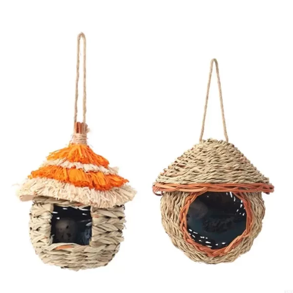 Natural Straw Weaving Bird Cages Parrots House Sleep Houses Cage with Hangings Lanyard for Small Pet Finch Sparrows - Image 2