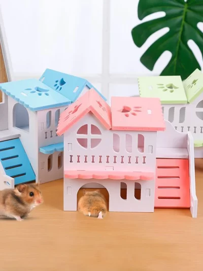 Hamster House Toy Pet Small Animal Hideout Hamster Wooden House 2 Layers With Ladder Design Wooden Hut Play Toys