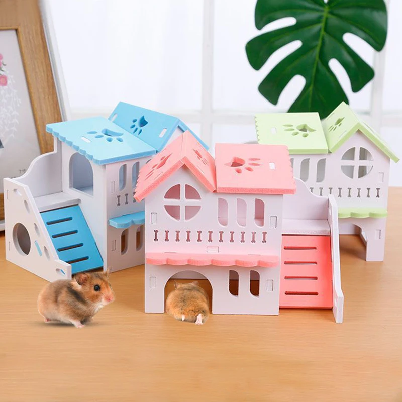Hamster House Toy Pet Small Animal Hideout Hamster Wooden House 2 Layers With Ladder Design Wooden Hut Play Toys