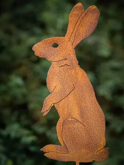 Rustic Metal Rabbit Garden Stake - Rusty Bunny Silhouette, Farmhouse Yard Art