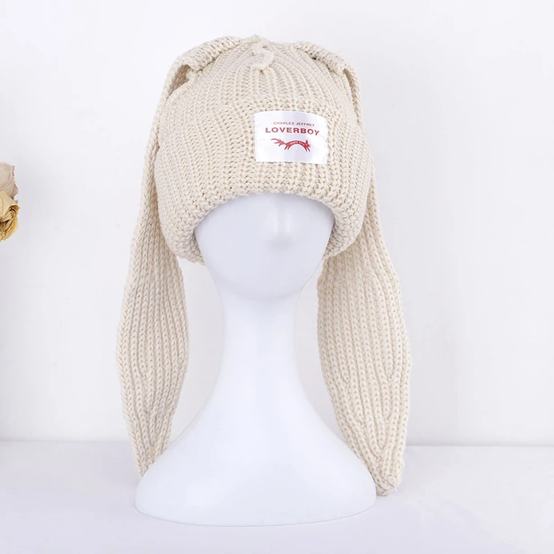Cute Rabbit Long Ear Hat Knitted Hat Warm Cap Knit Letter Cap Unisex Cap Beanie Long Ear Hat Crochet Knitted Bunny Hat - Image 12