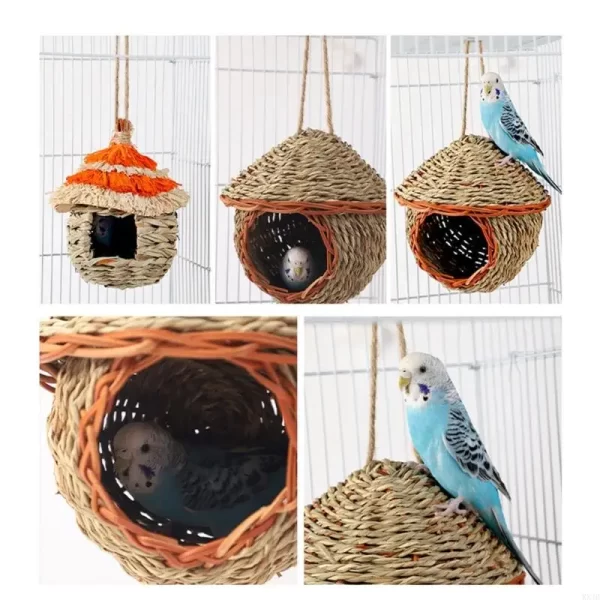 Natural Straw Weaving Bird Cages Parrots House Sleep Houses Cage with Hangings Lanyard for Small Pet Finch Sparrows - Image 4