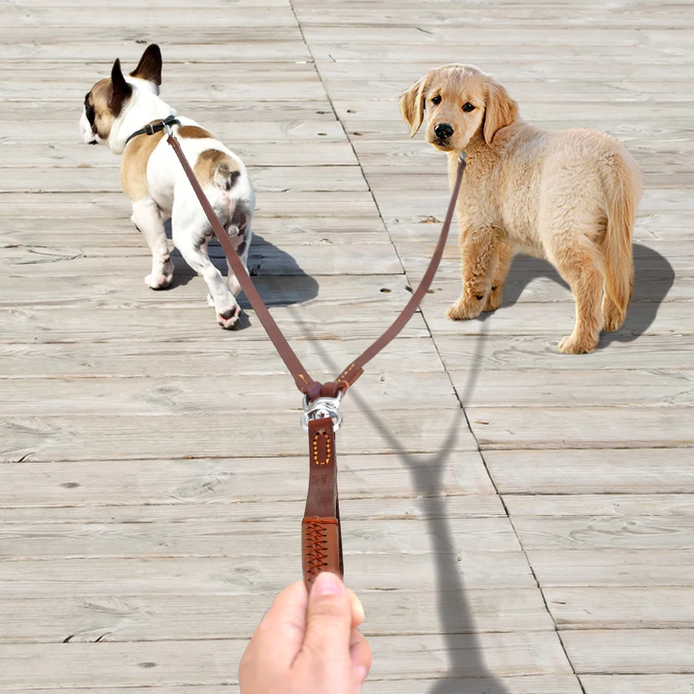 2 Ways Dog Leash Double Two Pet Leather Leads NoTangle Coupler With Handle for Walking and Training 2 Small Medium Dogs - Image 3