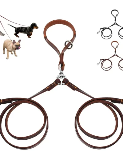 2 Ways Dog Leash Double Two Pet Leather Leads NoTangle Coupler With Handle for Walking and Training 2 Small Medium Dogs