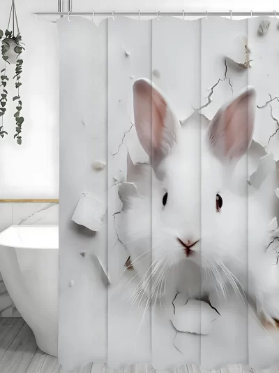 A white-faced, black-eyed rabbit comes out of a hole Shower Curtain, Bathroom Decorative Shower Curtain, Waterproof Shower Curta