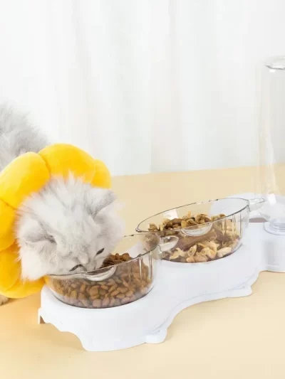 Pet Cat Food Bowl, Splash - proof Water, Three Bowl Neck Protection, Automatic Feeder, Water Storage Dispenser, Pet Dog Feeder