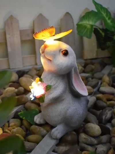 Outdoor Solar Rabbit Statue LED Light Waterproof Resin Butterfly Bunny Figurine Garden Yard Lawn Easter Decoration Ornament