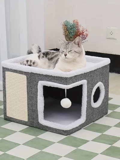 Luxury Multi-Level Cat House - 2-Layer Bed, Toy Tunnel, Foldable Sofa, Climbing Rope, & Soft Cushions - Indoor Cat Play Cube