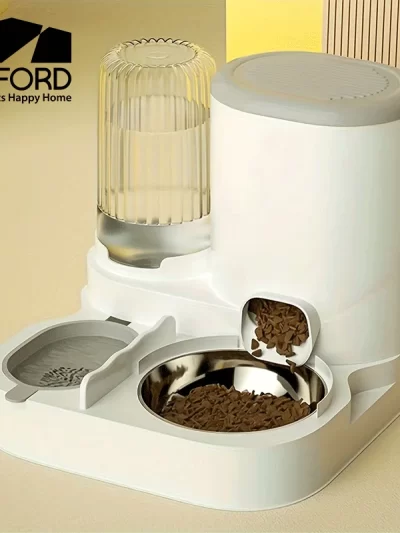2 In1 Automatic Pet Water Fountain Pet Food Dispenser Set with Stainless Steel Bowls Self-Feeding/Watering for Indoor Cats