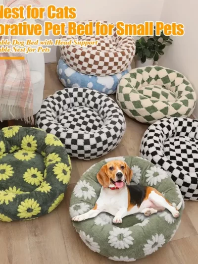 Round Dog Bed with Raised Edges Plush Round Donut Cat Nest with Anti-slip Bottom Cozy Pet Bed for Small Dogs for Warmth for Cats