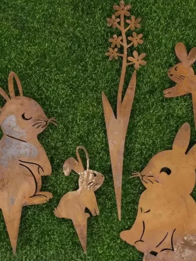 E8BD Rusty Stake Rabbit Plant for Indoor and Outdoor Figurines Rabbit Sculpture