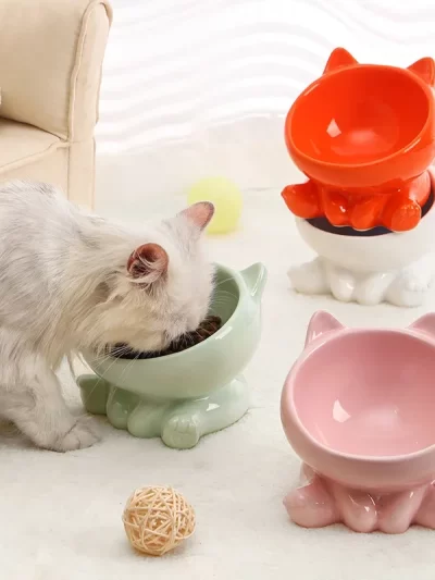 Cat And Dog Rice Bowl Pet Accessories Ceramic Diagonal High Feet Stable Cute Protection Cervical Spine Cat Dog Drinking Bowls ﻿