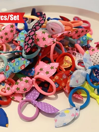 100pcs/set Girls Cute Rabbit Ears Hair Ties Stretch Rubber Bands Hair Ropes Ponytail Holders Hair Accessories Children's Gift