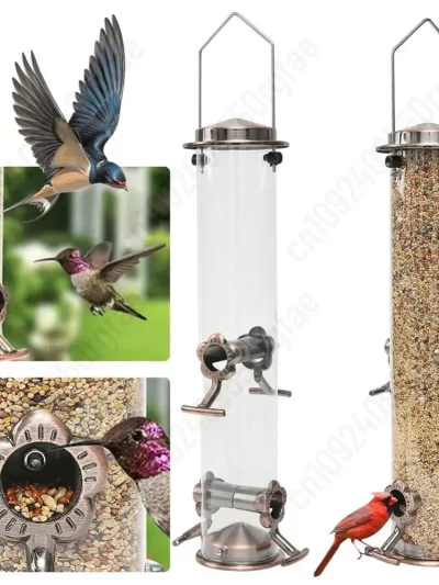 Metal Bird Feeders with 4 Feeding Ports Hanging Bird Seed Feeder Weather Resistant Tubular Bird Food Dispenser For Birds Feeding