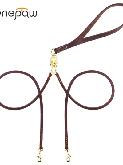 Benepaw Genuine Leather Double Dog Leash Durable Heavy Duty No Tangle Dual Puppy Pet Leads For Small Medium Dog Walking Training