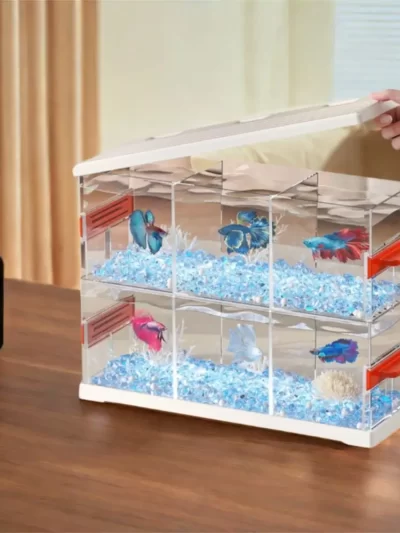 High Definition Transparent Fish Tank Shatterproof Stackable Fish Breeding Box with Light 3 Grids Mini Fish Tank Office