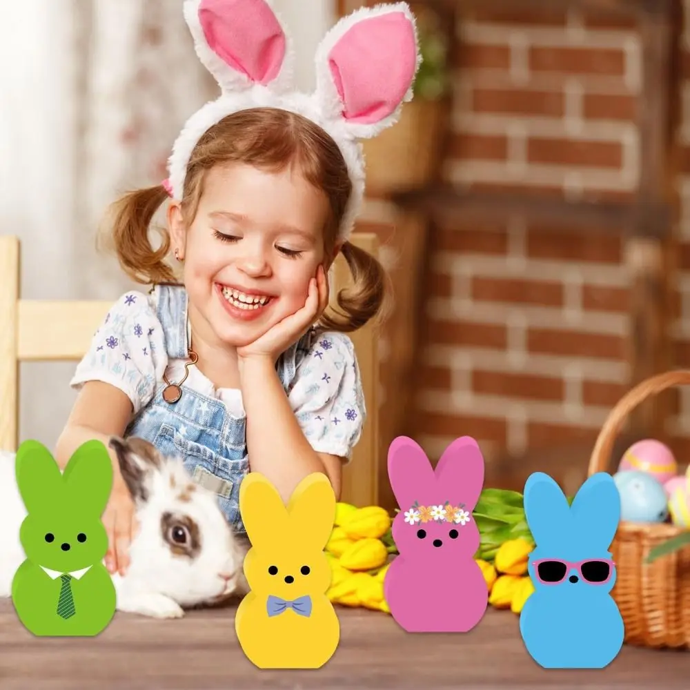 Rabbit Shape Easter Bunny Wood Signs Handmade Cartoon Colorful Rabbit Decoration Wooden Cute Home Table Decor Easter Decoration - Image 2