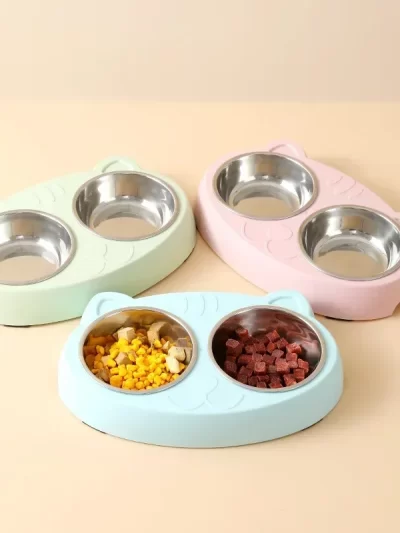 Macaron Pet Double Bowl Plastic Kitten Dog Food Drinking Tray Feeder Cat Feeding Pet Supplies Accessories