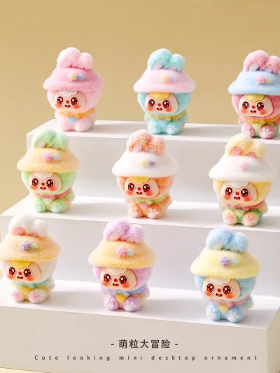 Rabbit Figurine Sitting with Bean Bun Hat Cute Brim Rabbit Doll Mini Desktop Decoration Blind Box Collectible Toy Gift for Kids