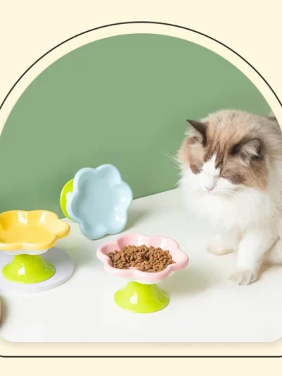 Ceramic Elevated Cat Food Bowl Floral Design Easy-to-clean Durable Cutlery for Food Water Cute Dog Bowl for Neck Protection