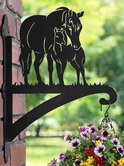 Heavy Duty Ornamental Horse and Foal Silhouette Wall Mounted Plant Hanger - Outdoor Decor for Flower Pots, Lanterns, Bird Feeders, and Wind Chimes